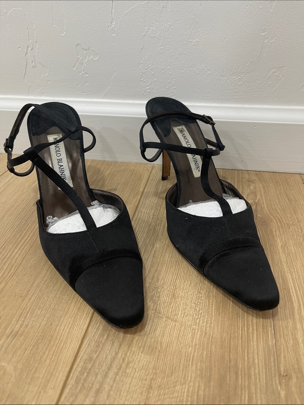 Manolo Blahnik Silk T-Strap Pointed Pumps
